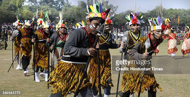 Students of Sardha International school perform the dance during the 64th Republic Day parade in Devi Lal Stadium on January 26, 2013 in Gurgaon,...