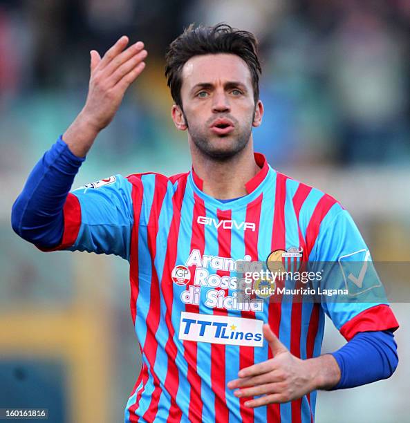 Nicola Legrottaglie of Catania celebrates after scoring the equalizing goal during the Serie A match between Calcio Catania and ACF Fiorentina at...