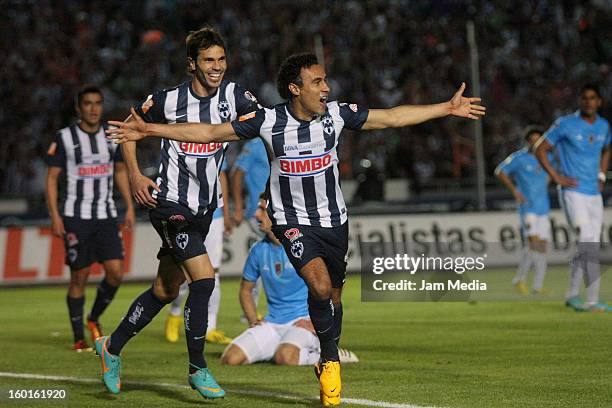 Leobardo Lopez and Jose Maria Basanta of Monterrey celebrate a goal against San Luis during a match between Monterrey v San Luis as part of the...