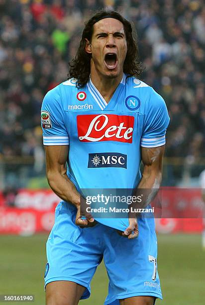 Edinson Cavani of SSC Napoli celebrates his goal during the Serie A match between Parma FC and SSC Napoli at Stadio Ennio Tardini on January 27, 2013...