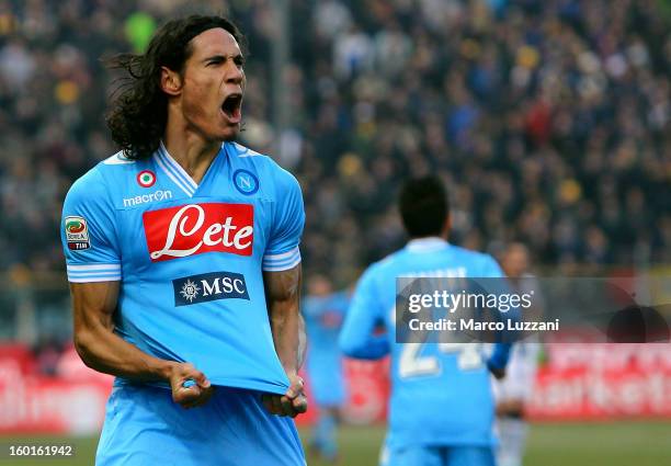 Edinson Cavani of SSC Napoli celebrates his goal during the Serie A match between Parma FC and SSC Napoli at Stadio Ennio Tardini on January 27, 2013...