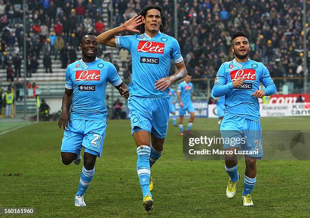 Edinson Cavani of SSC Napoli celebrates with his teammates Pablo Estifer Armero and Lorenzo Insigne after scoring during the Serie A match between...