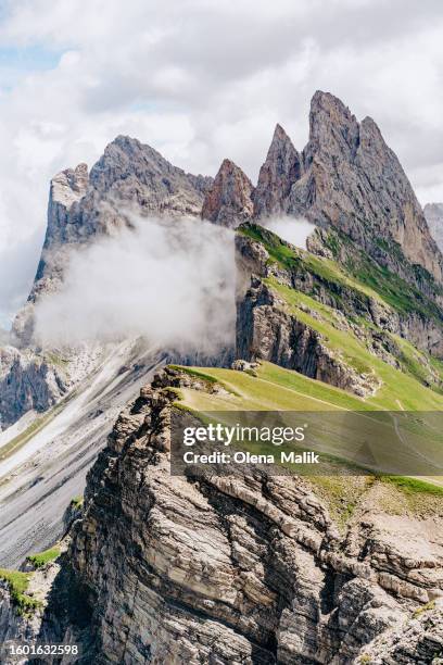 seceda mountain peak with green fields in dolomites alps, alto adige, italy - dramatic landscape stock pictures, royalty-free photos & images