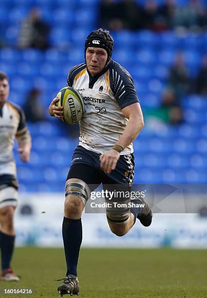 Dean Schofield of Worcester in action during the LV= Cup match between London Irish and Worcester Warriors at Madejski Stadium on January 27, 2013 in...