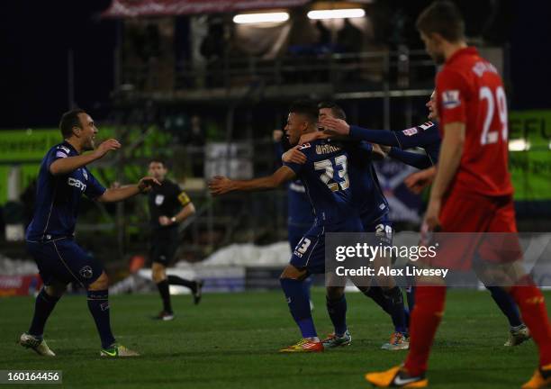 Reece Wabara of Oldham Athletic celebrates scoring his team's third goal during the FA Cup with Budweiser Fourth Round match between Oldham Athletic...