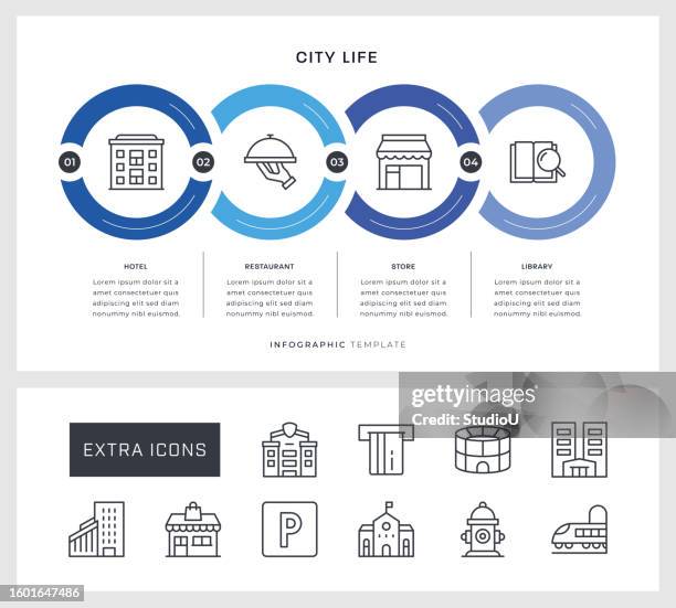 ilustrações de stock, clip art, desenhos animados e ícones de city life infographic design with line icons - subway train