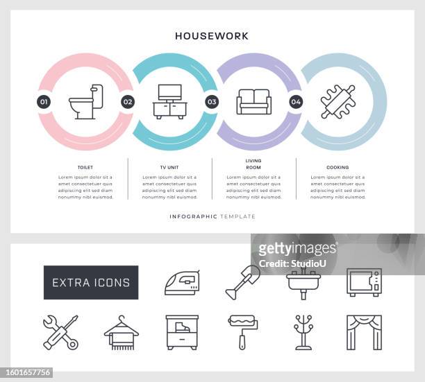 stockillustraties, clipart, cartoons en iconen met housework infographic design with line icons - splash wasser