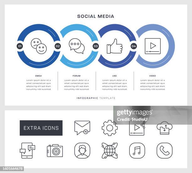 social media infographic design with line icons - auto post production filter stock illustrations