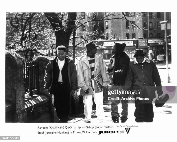 Khalil Kain, Omar Epps, Tupac Shakur, and Jermaine Hopkins in a scene from the film 'Juice', 1992.