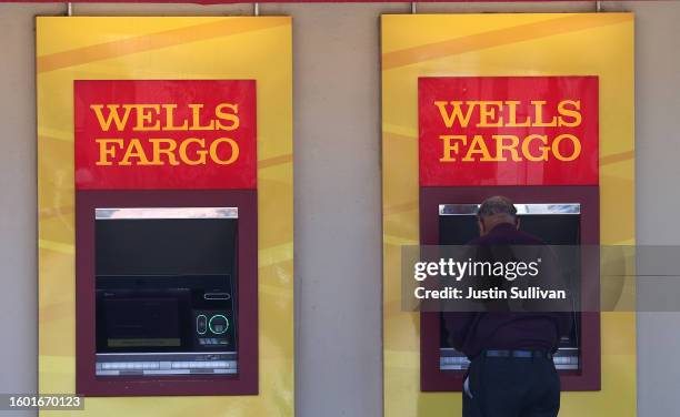 Wells Fargo customers use the ATM at a bank branch on August 08, 2023 in San Bruno, California. The Securities and Exchange Commission has fined...
