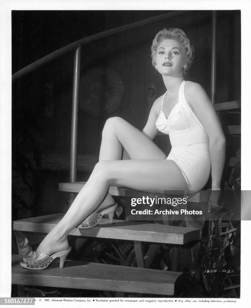 Joanna Moore publicity portrait for the film 'Slim Carter', 1957.