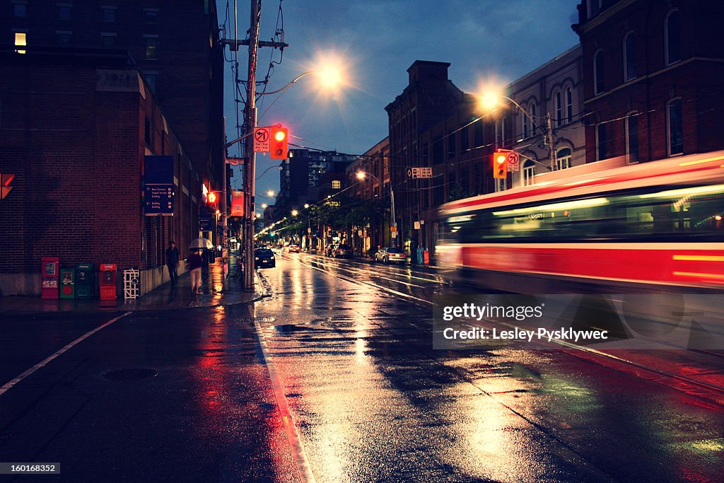Streetcar in the rain