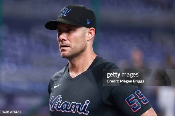 Manager Skip Schumaker of the Miami Marlins looks on prior to a game against the Philadelphia Phillies at loanDepot park on July 31, 2023 in Miami,...