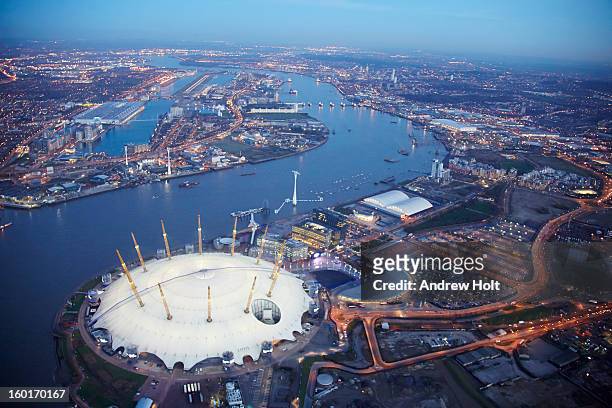 aerial view of the thames at canning town, london - the o2 england stock pictures, royalty-free photos & images
