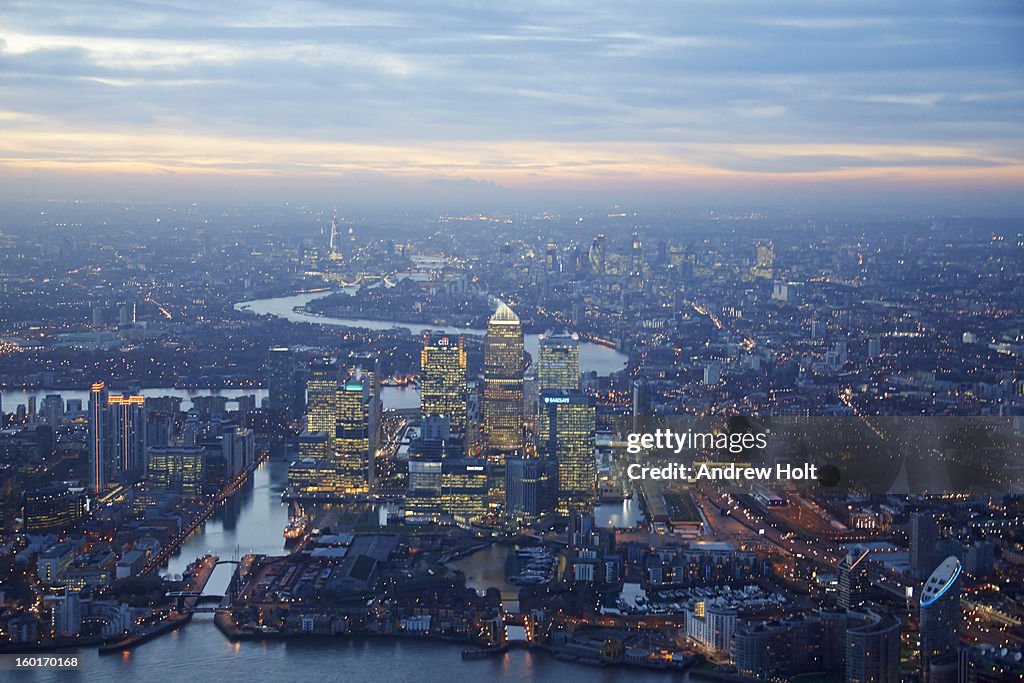 Aerial view of Canary Wharf, London, at night