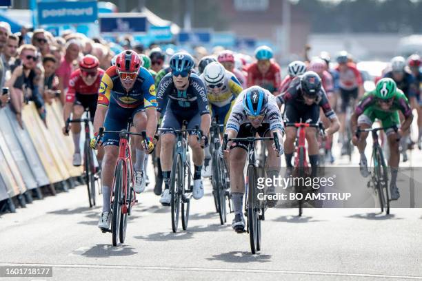Fabio Jakobsen of the Netherlands sprints to claim the second place, ahead of Mads Pedersen of Denmark, during the first stage of PostNord Danmark...