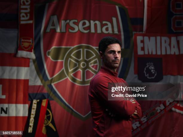 Arsenal Manager Mikel Arteta poses during the Arsenal Men's team photocall at London Colney on August 08, 2023 in St Albans, England.