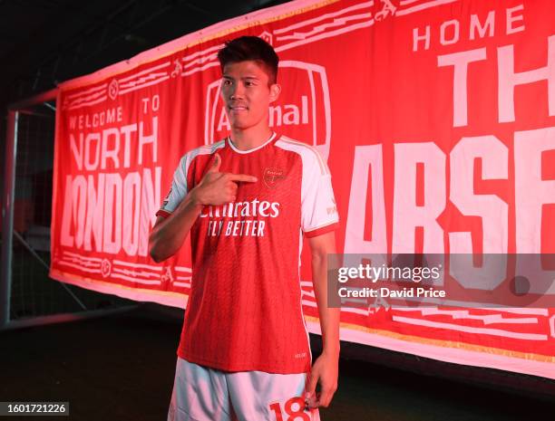 Takehiro Tomiyasu of Arsenal poses during the Arsenal Men's team photocall at London Colney on August 08, 2023 in St Albans, England.