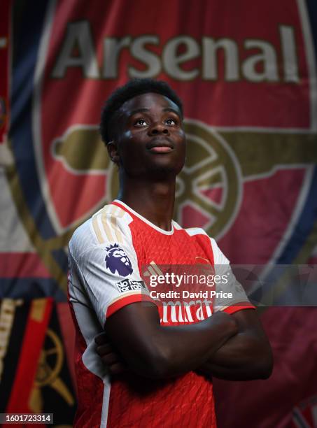 Bukayo Saka of Arsenal poses during the Arsenal Men's team photocall at London Colney on August 08, 2023 in St Albans, England.