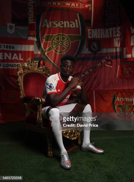 Bukayo Saka of Arsenal poses during the Arsenal Men's team photocall at London Colney on August 08, 2023 in St Albans, England.