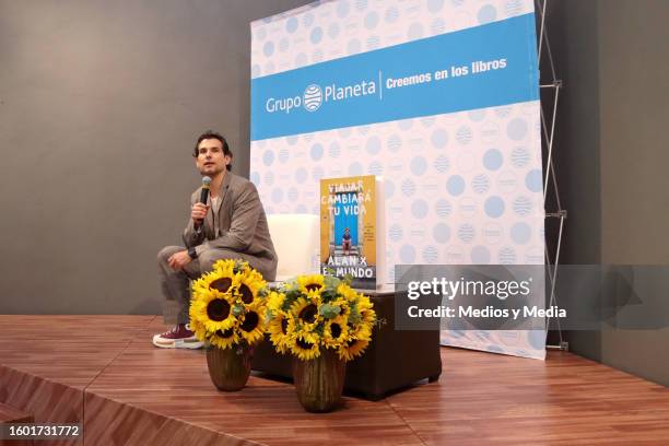 Alan Estrada speaks during the presentation of the book 'Viajar Cambiara Tu Vida' at Casa Lamm on August 8, 2023 in Mexico City, Mexico.