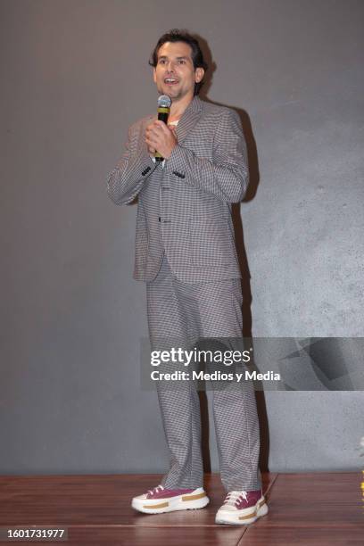 Alan Estrada speaks during the presentation of the book 'Viajar Cambiara Tu Vida' at Casa Lamm on August 8, 2023 in Mexico City, Mexico.