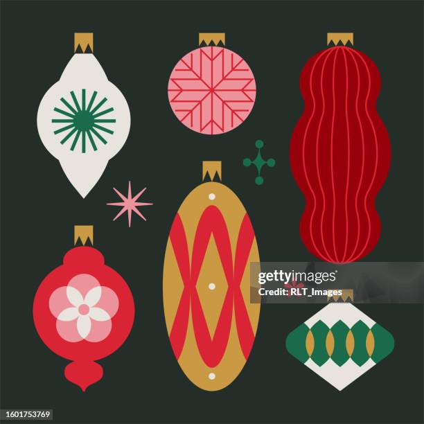 retro mid-century modern christmas holiday ornaments - vintage christmas baubles stock illustrations