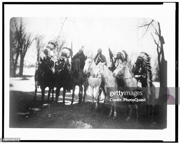 Portrait of six tribal leaders, from left, Little Plume , Buckskin Charley , Geronimo , Quanah Parker , Hollow Horn Bear , and American Horse as they...