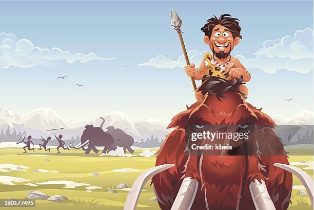 stockillustraties, clipart, cartoons en iconen met mammoth hunters - caveman