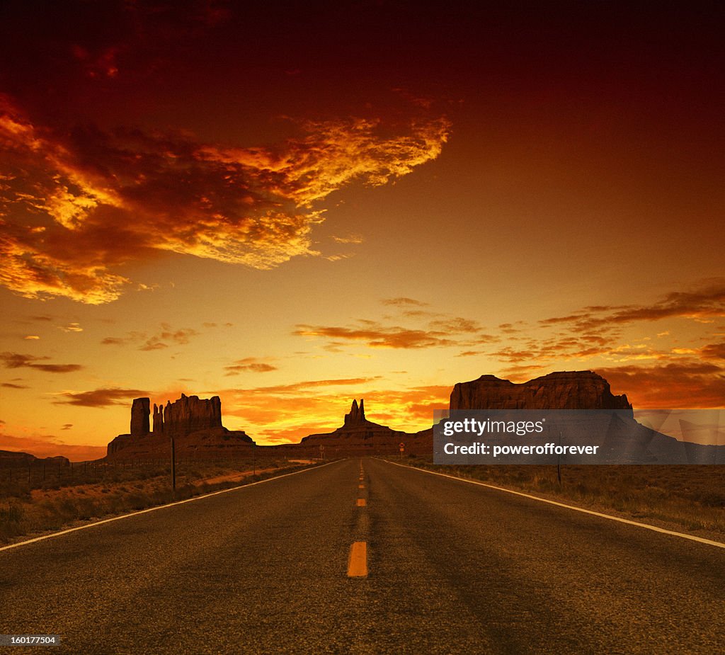 Road to Monument Valley at Sunset