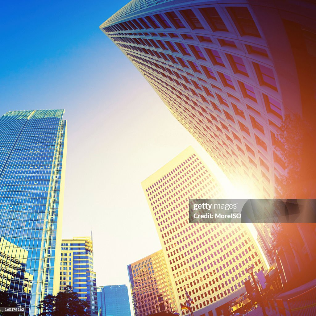 Fisheye image of business buildings at sunset in the city