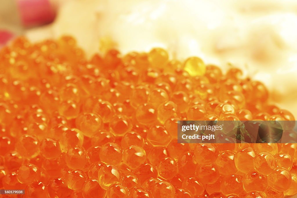 Salmon caviar close up