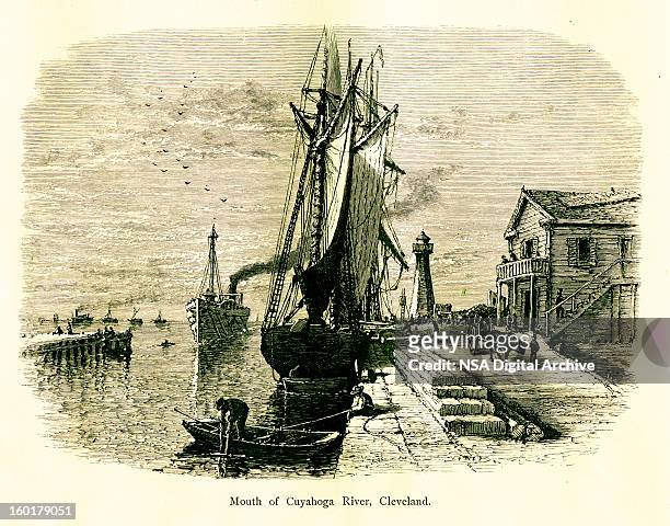 mouth of the cuyahoga river, cleveland, ohio - ships bow stock illustrations