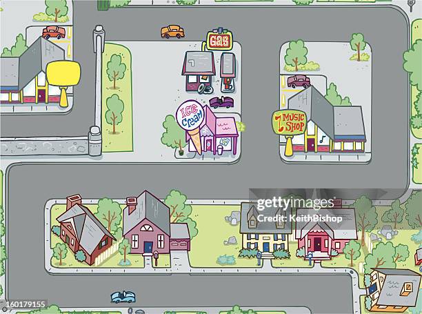 street with businesses and homes cartoon - music shop stock illustrations