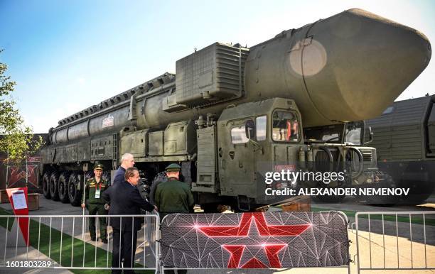 Russian intercontinental ballistic missile launcher Yars is displayed at the exposition field in Kubinka Patriot Park outside Moscow on August 15,...