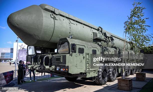 Russian intercontinental ballistic missile launcher Yars is displayed at the exposition field in Kubinka Patriot Park outside Moscow on August 15,...