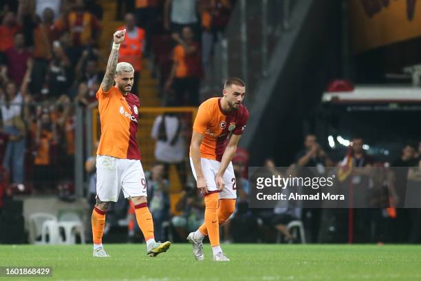 Mauro Icardi of Galatasaray celebrates after scoring his team's first goal during the UEFA Champions League third qualifying round second leg match...