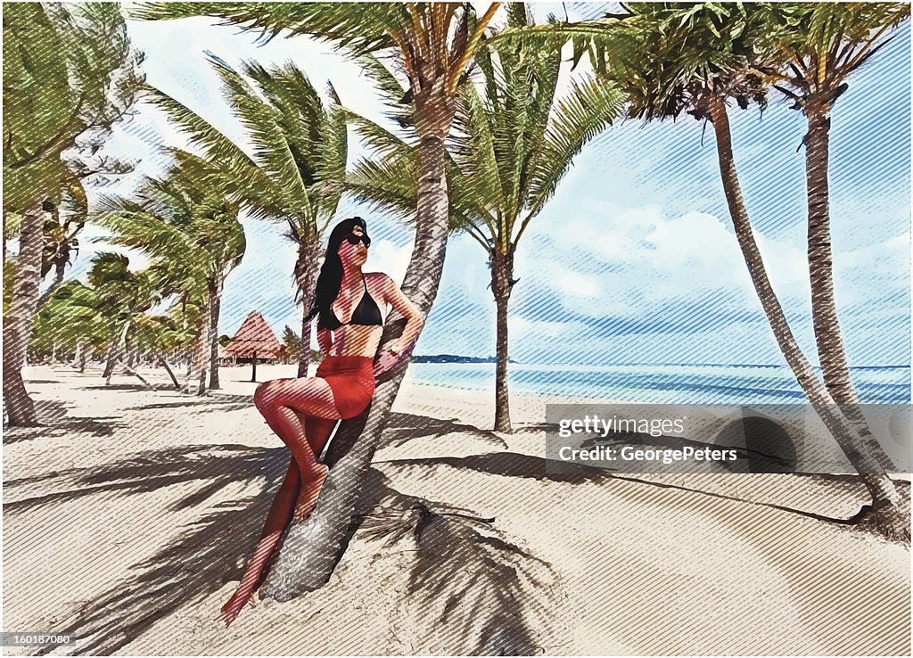 Latin American Woman Sunbathing On Beautiful Beach