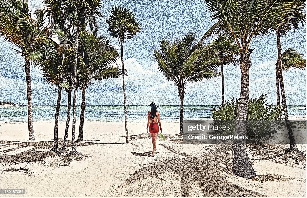 Latin American Woman Walking On Beach