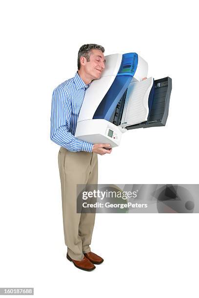 man hugging inkjet printer with clipping path - by the photocopier stockfoto's en -beelden