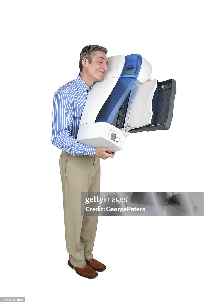Man Hugging Inkjet Printer with Clipping Path