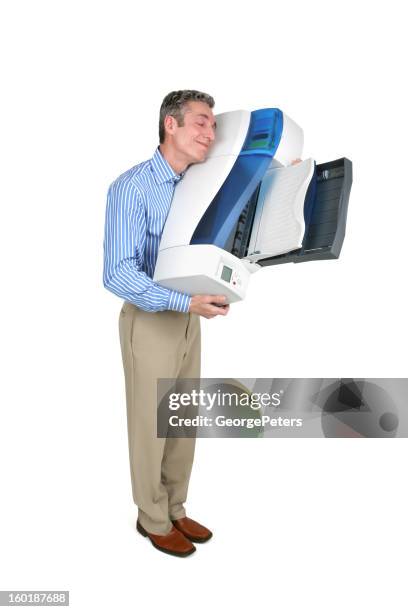 man hugging inkjet printer with clipping path - copying stock pictures, royalty-free photos & images