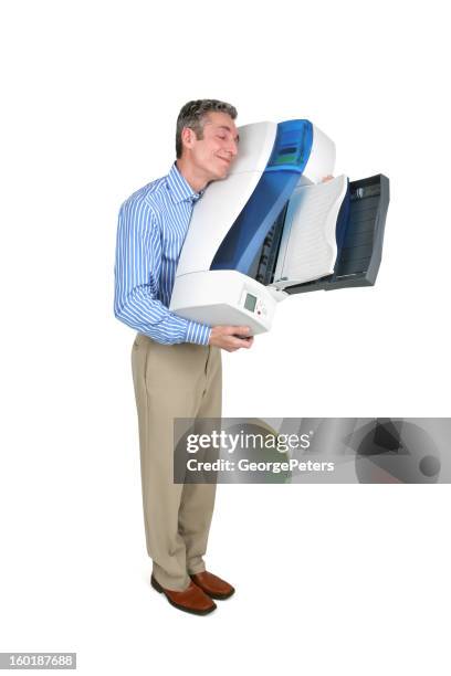 man hugging inkjet printer with clipping path - photocopier stock pictures, royalty-free photos & images