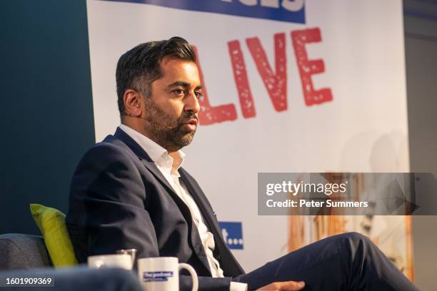 First Minister of Scotland Humza Yousaf speaks during a podcast recording on August 15, 2023 in Edinburgh, Scotland. The First Minister was taking...