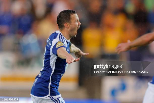 Molde's Martin Linnes celebrates the 2-0 during the UEFA Champions League third round qualifying football match between Molde and Klaksvik at Aker...