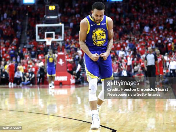 Golden State Warriors guard Stephen Curry celebrates near the end of the second half of Game 6 of the NBA Western Conference semifinals against the...