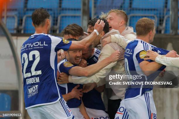 Molde's Martin Linnes celebrates the 2-0 during the UEFA Champions League third round qualifying football match between Molde and Klaksvik at Aker...