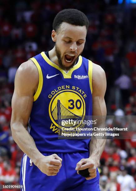 Golden State Warriors guard Stephen Curry celebrates near the end of the second half of Game 6 of the NBA Western Conference semifinals against the...