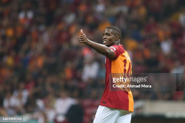 Wilfried Zaha of Galatasaray reacts during the UEFA Champions League third qualifying round second leg match between Galatasaray and Olimpija...