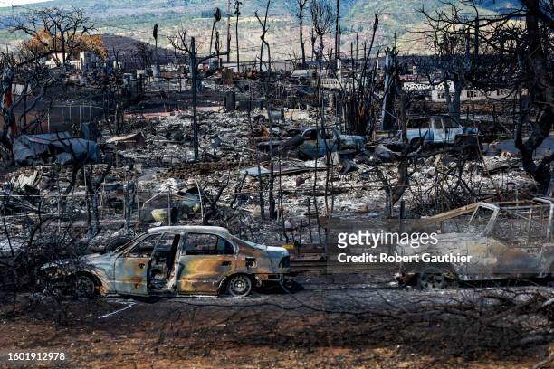 Lahaina, Maui, Monday, August 14, 2023 - A view of destruction from Hwy 30 days after a fierce wildfire destroyed the town.